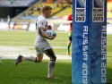 John Brake races to the line to score a try against Portugal in their first pool match at the IRB RWC 7s at Luzhniki Stadium, Moscow, 28th June 2013