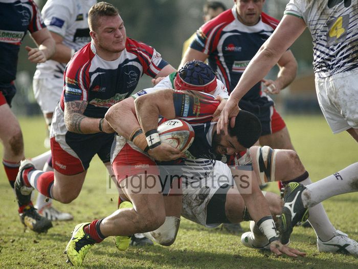 Will Hafu tackled by Ryan Burrows. Doncaster Knights v Leeds Carnegie at Castle Park, Doncaster on 16th January 2013, KO 1430. RFU Championship - Stage 1.