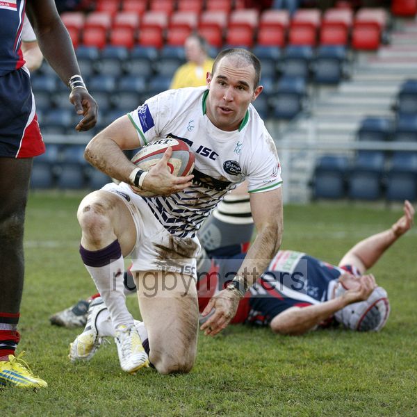 David Doherty gets up after scoring a try. Doncaster Knights v Leeds Carnegie at Castle Park, Doncaster on 16th January 2013, KO 1430. RFU Championship - Stage 1.