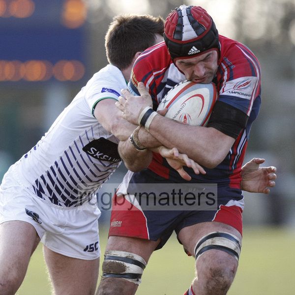 Chris Planchant tackled by Craig Hampson. Doncaster Knights v Leeds Carnegie at Castle Park, Doncaster on 16th January 2013, KO 1430. RFU Championship - Stage 1.