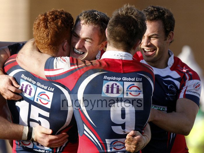 Jamie Lennard celebrates scoring a try with Connor Braid, Joseph Bedford and Dante Mama. Doncaster Knights v Leeds Carnegie at Castle Park, Doncaster on 16th January 2013, KO 1430. RFU Championship - Stage 1.