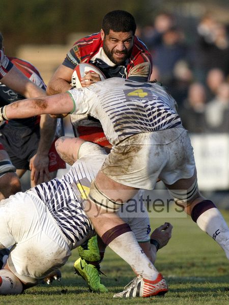 Will Hafu takes on the Leeds defence. Doncaster Knights v Leeds Carnegie at Castle Park, Doncaster on 16th January 2013, KO 1430. RFU Championship - Stage 1.