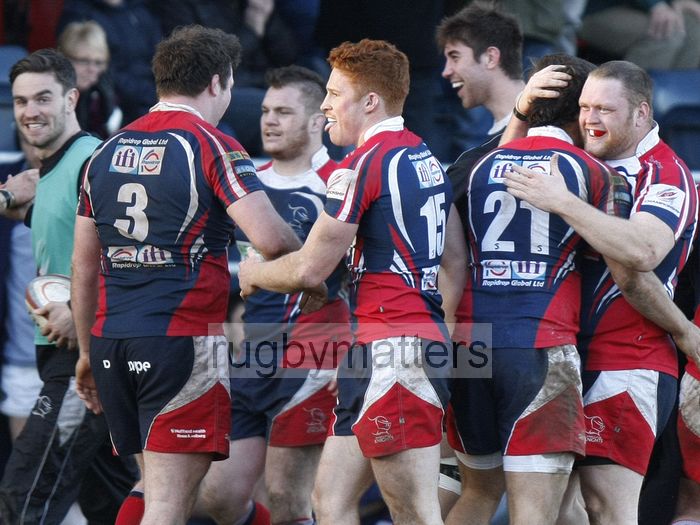 Doncaster celebrate the 23-17 victory after the final whistle blows. Doncaster Knights v Leeds Carnegie at Castle Park, Doncaster on 16th January 2013, KO 1430. RFU Championship - Stage 1.