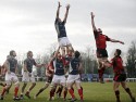 Tyler Hotson is lifted for a lineout. London Scottish v Jersey at Richmond Athletic Ground, Kew Foot Road, Richmond on 2nd March 2013 KO 1400.