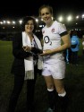 Emily Scarratt receiving Player of the Match Award from Deborah Griffin. England Women v Wales Women at Twickenham Stoop, Twickenham, England on 7th March 2014 ko 1930