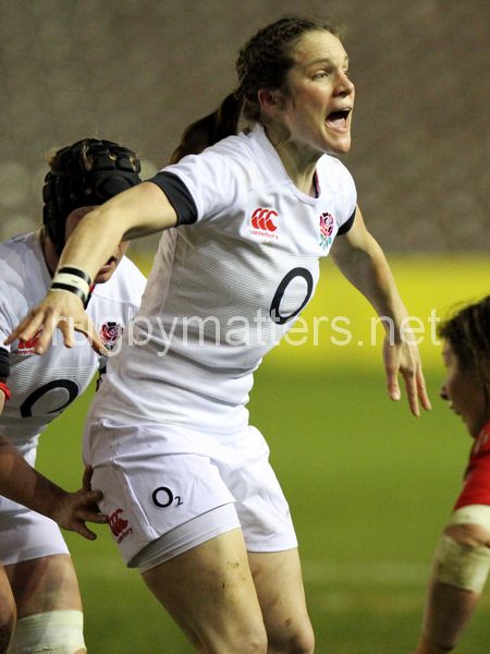 Becky Essex at a lineout. England Women v Wales Women at Twickenham Stoop, Twickenham, England on 7th March 2014 ko 1930