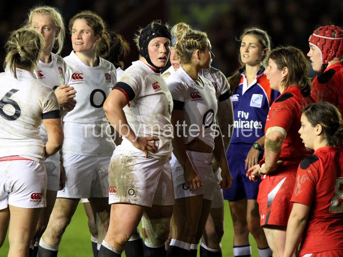Sophie Hemming at a scrum. England Women v Wales Women at Twickenham Stoop, Twickenham, England on 7th March 2014 ko 1930