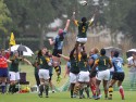 Nolusindiso Booi reaches for the ball in a lineout. Nomads v South Africa, The Lensbury, Broom Road, Teddington, Middlesex, England, on 28th June 2014, ko 2pm.