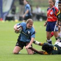 Louise Dalgleish tackled. Nomads v South Africa, The Lensbury, Broom Road, Teddington, Middlesex, England, on 28th June 2014, ko 2pm.
