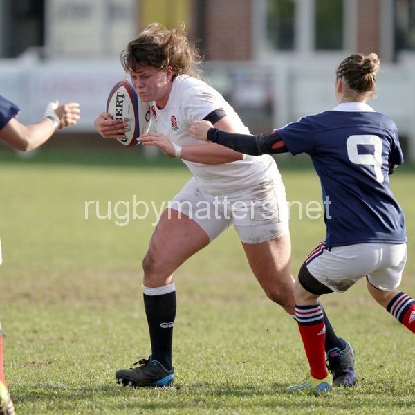 Katie Turnbull in action. U20 England Women v U20 France Women at Esher Rugby Club, Moseley, England on 22nd February 2014 ko 1400