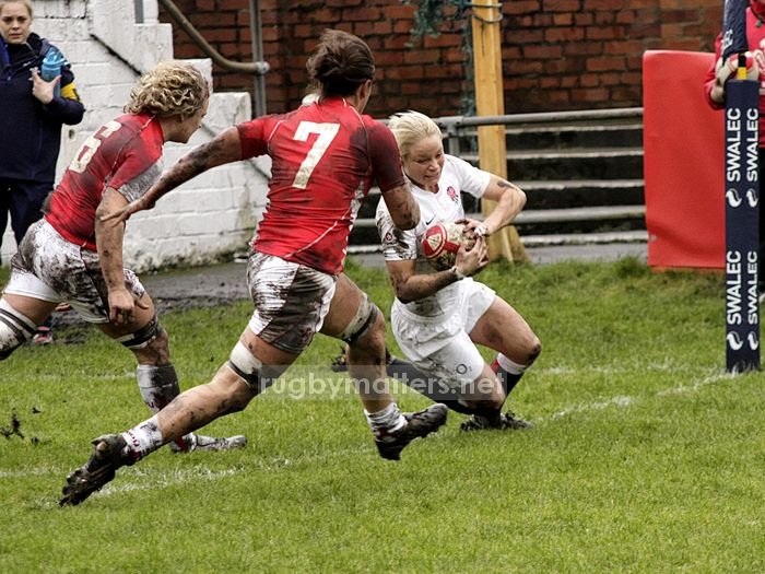 Fran Matthews goes in for England's first try against Wales aT Crosskeys rfc