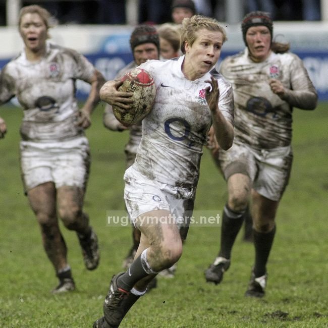 Nolli Waterman making the break that let to England's third try against Wales at Crosskeys RFC