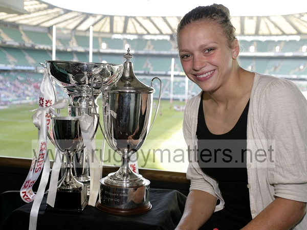 Kay Wilson at Twickenham 28th March 2012 with three cups won in less than a fortnight; \nBUCS Final Cup- won with UWIC on 28th March 2012, \nIRB Women’s Challenge Cup- Hong Kong Sevens - won with England on 24th March 2012\n6 Nations Cup- won with England on 17th March 2012