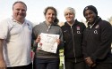 RFUW Divisional Festival at Hartpury College; U15 London South East player of the tournament (Sussex U15) 1st April 2012. Pictured left to right; Gary Street- England Head Coach, Izzy Collis, Danielle Waterman- England player, Maggie Alphonsi- England player. Presented with a shirt signed by the 6 Nations Grand Slam winning England Team.
