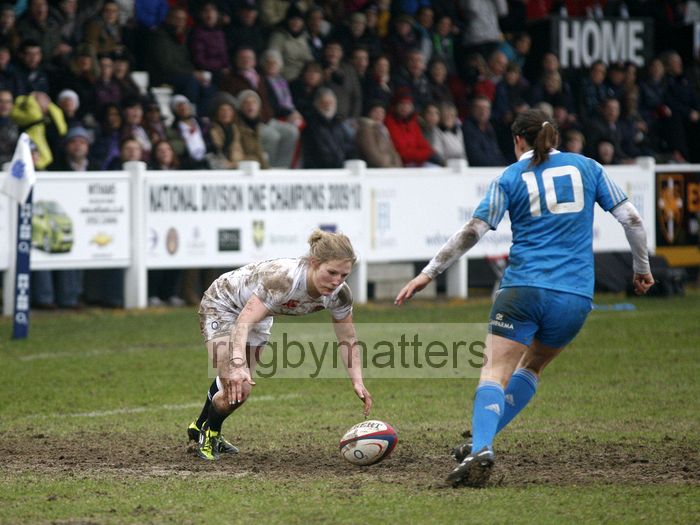 Lydia Thompson goes to collect loose ball. England Women v Italy Women at Esher RFC, Moseley Road, Hersham, Surrey on 9th March 2013, KO 1300.