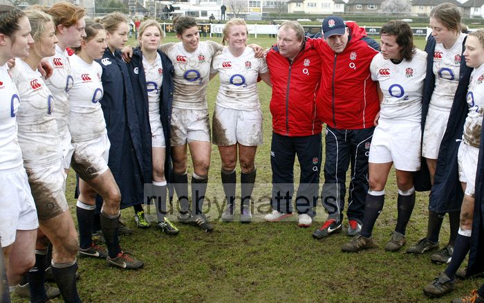 Gary Street talks with his team post-match. England Women v Italy Women at Esher RFC, Moseley Road, Hersham, Surrey on 9th March 2013, KO 1300.