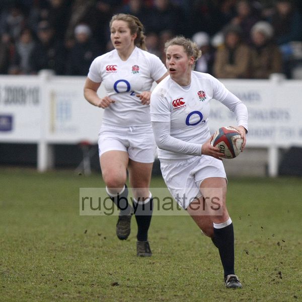 Amber Reed in action with Rosmarie Crowley in support. England Women v Italy Women at Esher RFC, Moseley Road, Hersham, Surrey on 9th March 2013, KO 1300.