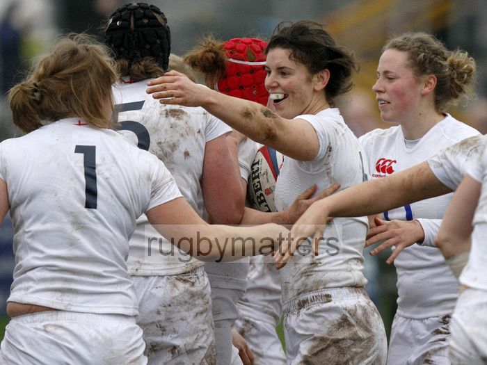Captain Sarah Hunter celebrates her scoring a try with team mates. England Women v Italy Women at Esher RFC, Moseley Road, Hersham, Surrey on 9th March 2013, KO 1300.