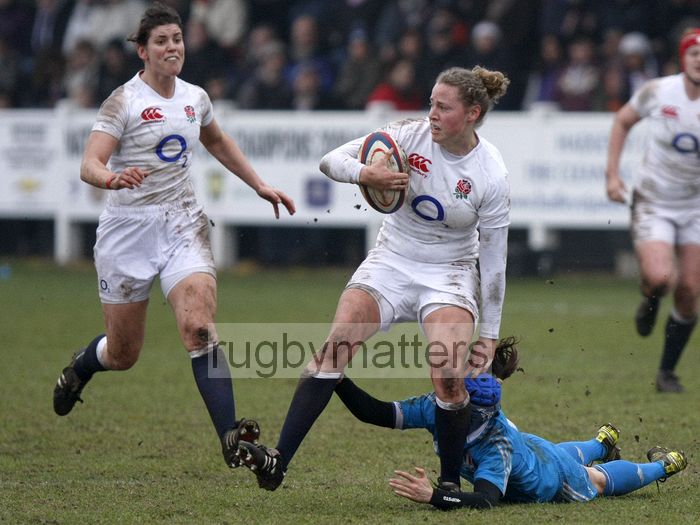 Amber Reed tackled by Maria Diletta Veronese. England Women v Italy Women at Esher RFC, Moseley Road, Hersham, Surrey on 9th March 2013, KO 1300.