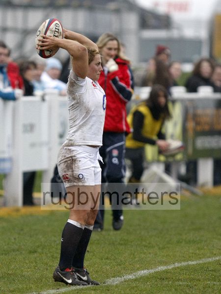Victoria Fleetwood about to throw into a lineout. England Women v Italy Women at Esher RFC, Moseley Road, Hersham, Surrey on 9th March 2013, KO 1300.