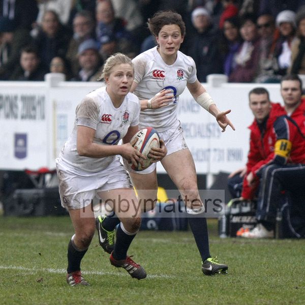 Ceri Large makes a break with Jo McGilchrist in support. England Women v Italy Women at Esher RFC, Moseley Road, Hersham, Surrey on 9th March 2013, KO 1300.