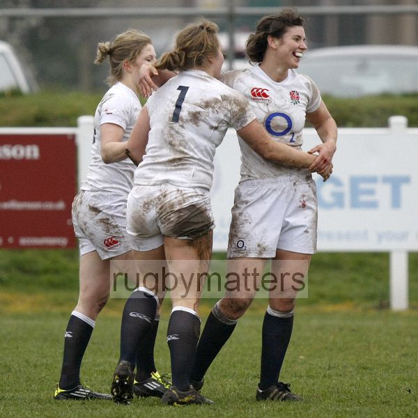 Rosemarie Crowley celebrates scoring her second try with Sarah Hunter and Lydia Thompson. England Women v Italy Women at Esher RFC, Moseley Road, Hersham, Surrey on 9th March 2013, KO 1300.