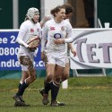 Emily Scott celebrates scoring a try with Jo McGilchrist and Lauren Cattell. England Women v Italy Women at Esher RFC, Moseley Road, Hersham, Surrey on 9th March 2013, KO 1300.