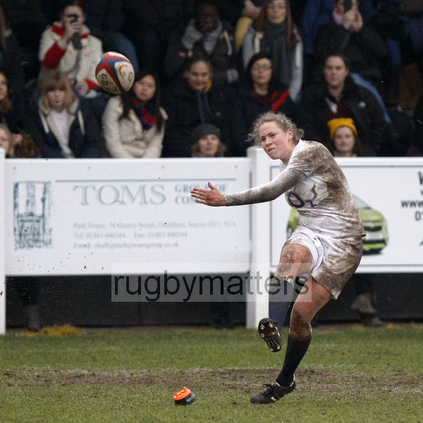 Amber Reed takes a conversion kick. England Women v Italy Women at Esher RFC, Moseley Road, Hersham, Surrey on 9th March 2013, KO 1300.