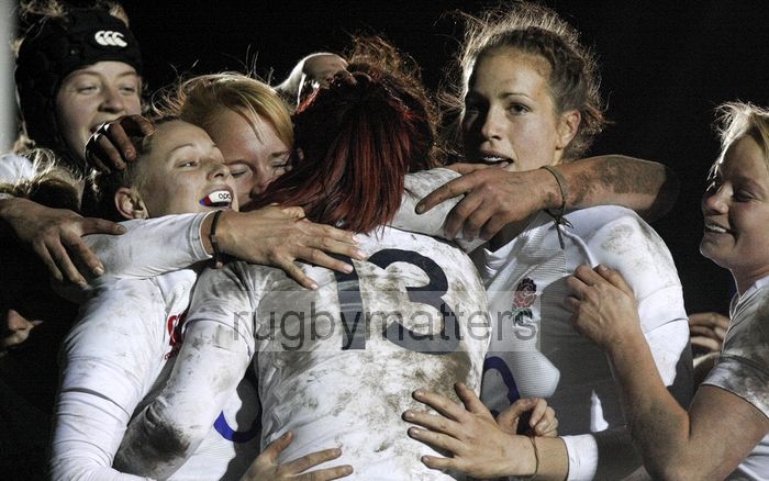 Celebrations after Joanne Watmore's try. England v New Zealand in Autumn International Series at Army Rugby Stadium, Aldershot, 27th November 2012.