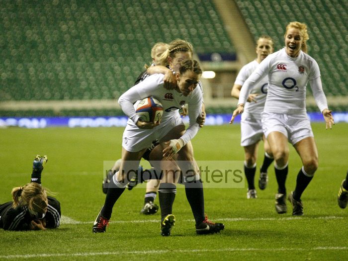 Kat Merchant about to cross the line to score a try. England v New Zealand in Autumn International Series at Twickenham, England on 1st December 2012.