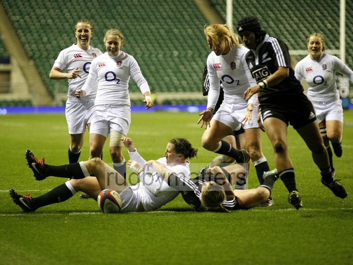 Celebrations about to begin after Kat Merchant scores a try. England v New Zealand in Autumn International Series at Twickenham, England on 1st December 2012.