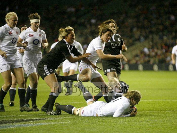 Roz Crowley powers over the line to score a try. England v New Zealand in Autumn International Series at Twickenham, England on 1st December 2012.
