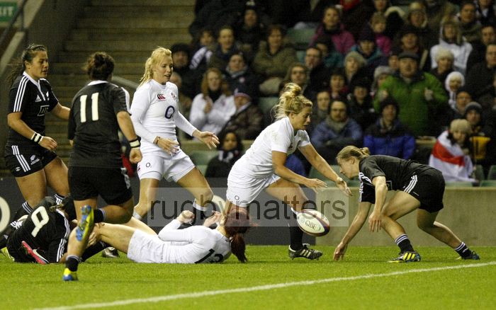 Jo Watmore's offload fails to stick and Victoria Fleetwood knocks the ball on. England v New Zealand in Autumn International Series at Twickenham, England on 1st December 2012.