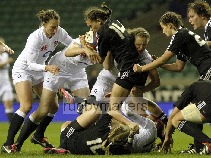 Selica Winiata tackled by Hannah Gallagher. England v New Zealand in Autumn International Series at Twickenham, England on 1st December 2012.
