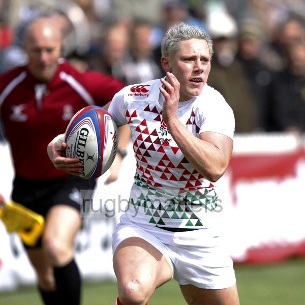 Heather Fisher in action for England 38 - 0 France, Pool A match. Womens International Invitational tournament at the Marriott London Sevens. At Cardinal Vaughan and Twickenham Stadium, Whitton Road, Twickenham. On 11th May 2013.