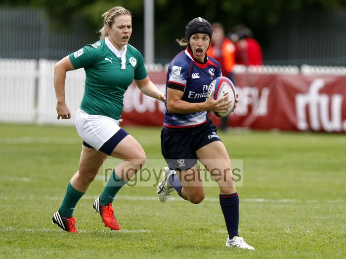 Katie Dowty in action for USA 17 - 14 Ireland,  Pool B match. Womens International Invitational tournament at the Marriott London Sevens. At Cardinal Vaughan and Twickenham Stadium, Whitton Road, Twickenham. On 11th May 2013.