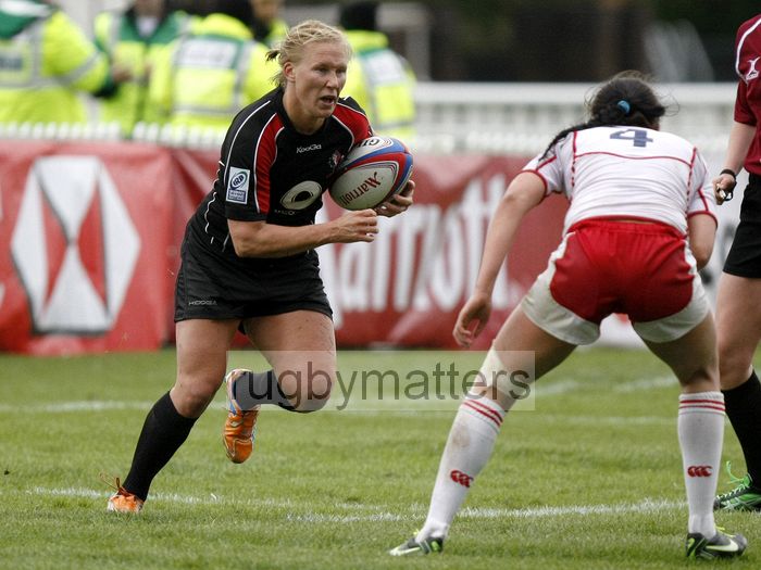 Mandy Marchak in action for Canada 17 - 0 Russia, pool B match. Womens International Invitational tournament at the Marriott London Sevens. At Cardinal Vaughan and Twickenham Stadium, Whitton Road, Twickenham. On 11th May 2013.
