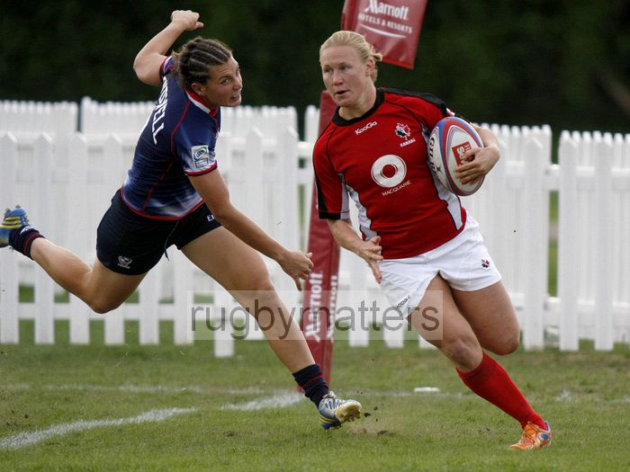 Mandy Marchak scores a try for Canada. Womens International Invitational tournament at the Marriott London Sevens. At Cardinal Vaughan and Twickenham Stadium, Whitton Road, Twickenham. On 11th May 2013.
