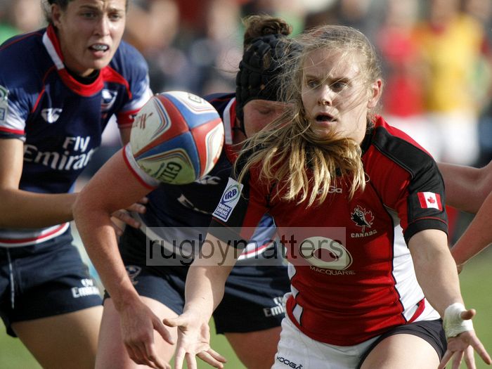 Karen Paquin in action for Canada. Womens International Invitational tournament at the Marriott London Sevens. At Cardinal Vaughan and Twickenham Stadium, Whitton Road, Twickenham. On 11th May 2013.