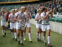 The England team show their appreciation to the supporters. Womens International Invitational tournament at the Marriott London Sevens. At Cardinal Vaughan and Twickenham Stadium, Whitton Road, Twickenham. On 12th May 2013.