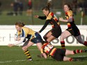 Karen Jones tackled by Lynne Cantwell and Abi Chamberlain. Richmond v Worcester, 13th January 2013, The Athletic Ground, Twickenham Road, London.