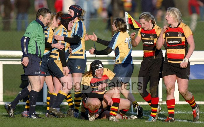 Laura Keates celebrates with team mates after scoring a try. Richmond v Worcester, 13th January 2013, The Athletic Ground, Twickenham Road, London.