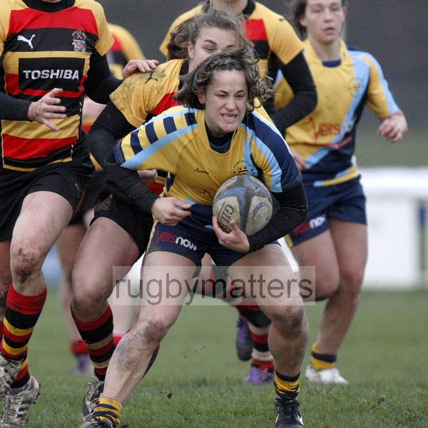 Sarah Guest tackled by Fiona Davidson. Richmond v Worcester, 13th January 2013, The Athletic Ground, Twickenham Road, London.