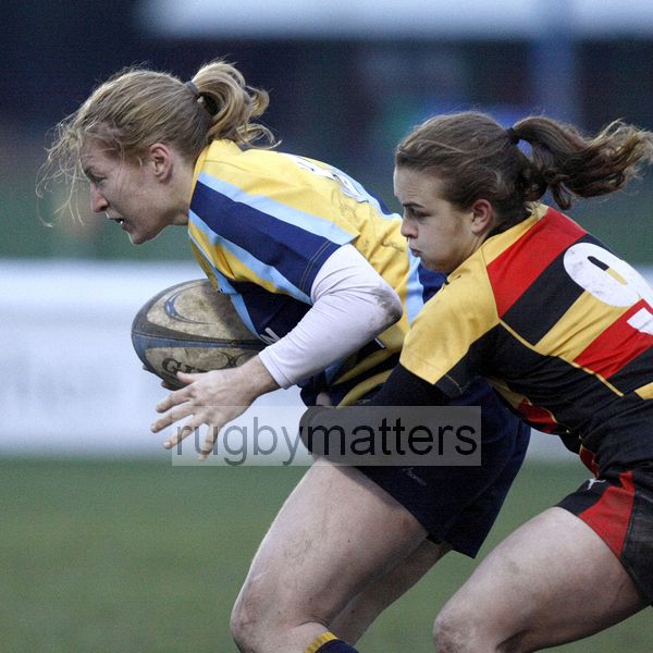 Karen Jones tackled by Fiona Davidson. Richmond v Worcester, 13th January 2013, The Athletic Ground, Twickenham Road, London.