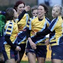 Kat Merchant celebrates her try with team mates. Richmond v Worcester, 13th January 2013, The Athletic Ground, Twickenham Road, London.