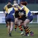 Alice Richardson tackled by Jo Watmore and Sarah Guest. Richmond v Worcester, 13th January 2013, The Athletic Ground, Twickenham Road, London.