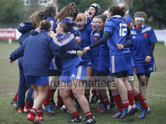 The Fench team celebrate their victory after the final whistle. U20 England Women v U20 France Women at Esher RFC, Molesey Road, Hersham, Surrey. 23rd February 2013, KO 1400.