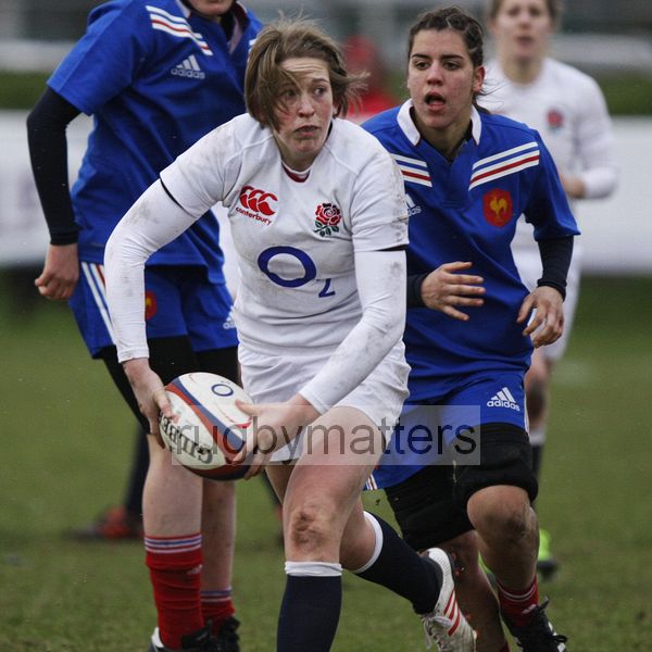 Meg Goddard in action. U20 England Women v U20 France Women at Esher RFC, Molesey Road, Hersham, Surrey. 23rd February 2013, KO 1400.