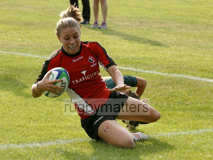 Frederique Rajotte gets over the line to score a try. Canada v South Africa in the U20's Nations Cup, Trent College, Derby Road, Long Eaton, Nottingham, 17th July 2013, kick off 1700.
