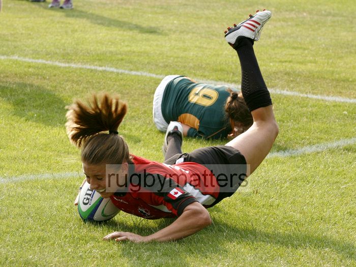 Frederique Rajotte grounds the ball to score a try. Canada v South Africa in the U20's Nations Cup, Trent College, Derby Road, Long Eaton, Nottingham, 17th July 2013, kick off 1700.